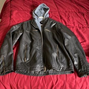 Faux Leather Jacket with zip in hoodie lining
